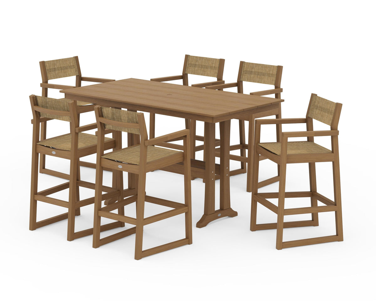 POLYWOOD EDGE Sling Arm Chair 7-Piece Farmhouse Bar Set with Trestle Legs in Natural / Burlap