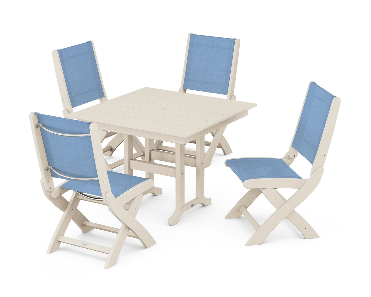 POLYWOOD Coastal Folding Side Chair 5-Piece Farmhouse Dining Set in Sand / Poolside