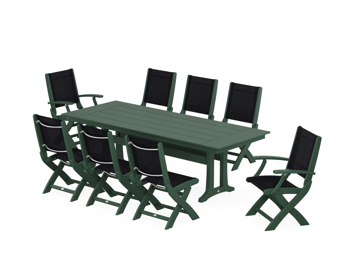 POLYWOOD Coastal 9-Piece Folding Dining Chair Farmhouse Dining Set with Trestle Legs in Green / Black