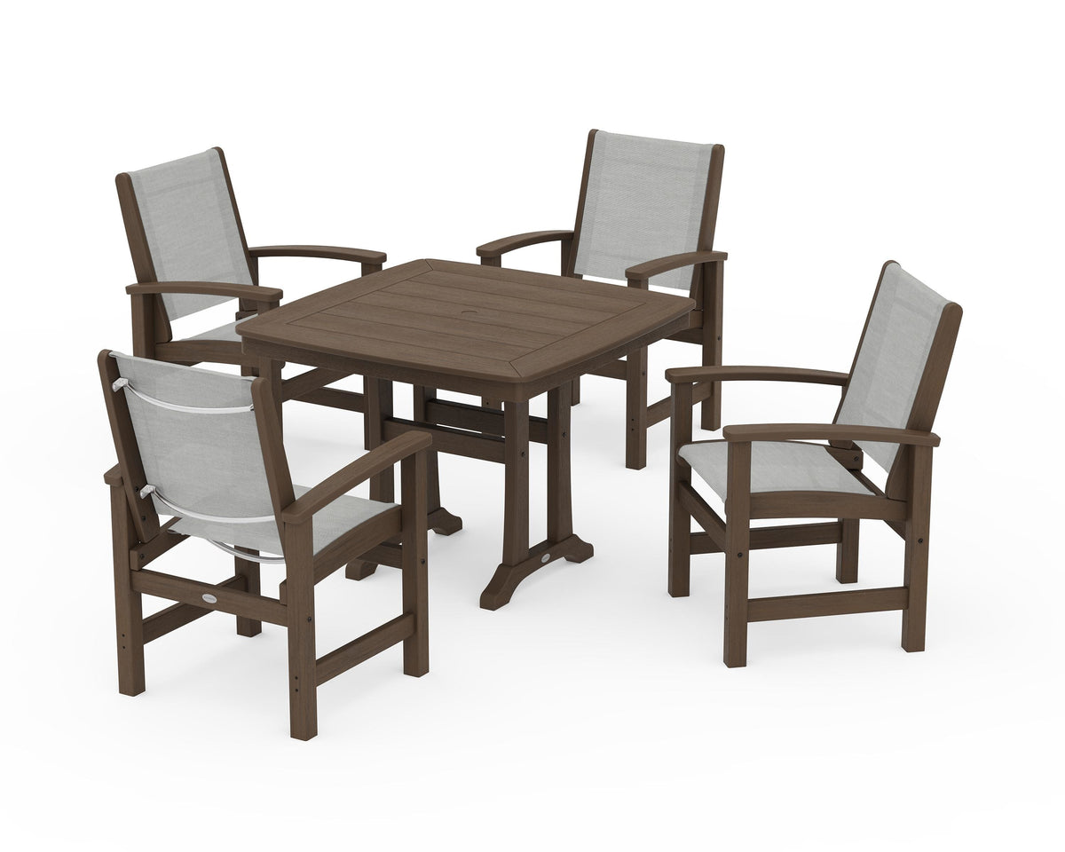 POLYWOOD Coastal 5-Piece Dining Set with Trestle Legs with Nautical Trestle 37" Dining Table in Kona / Metallic