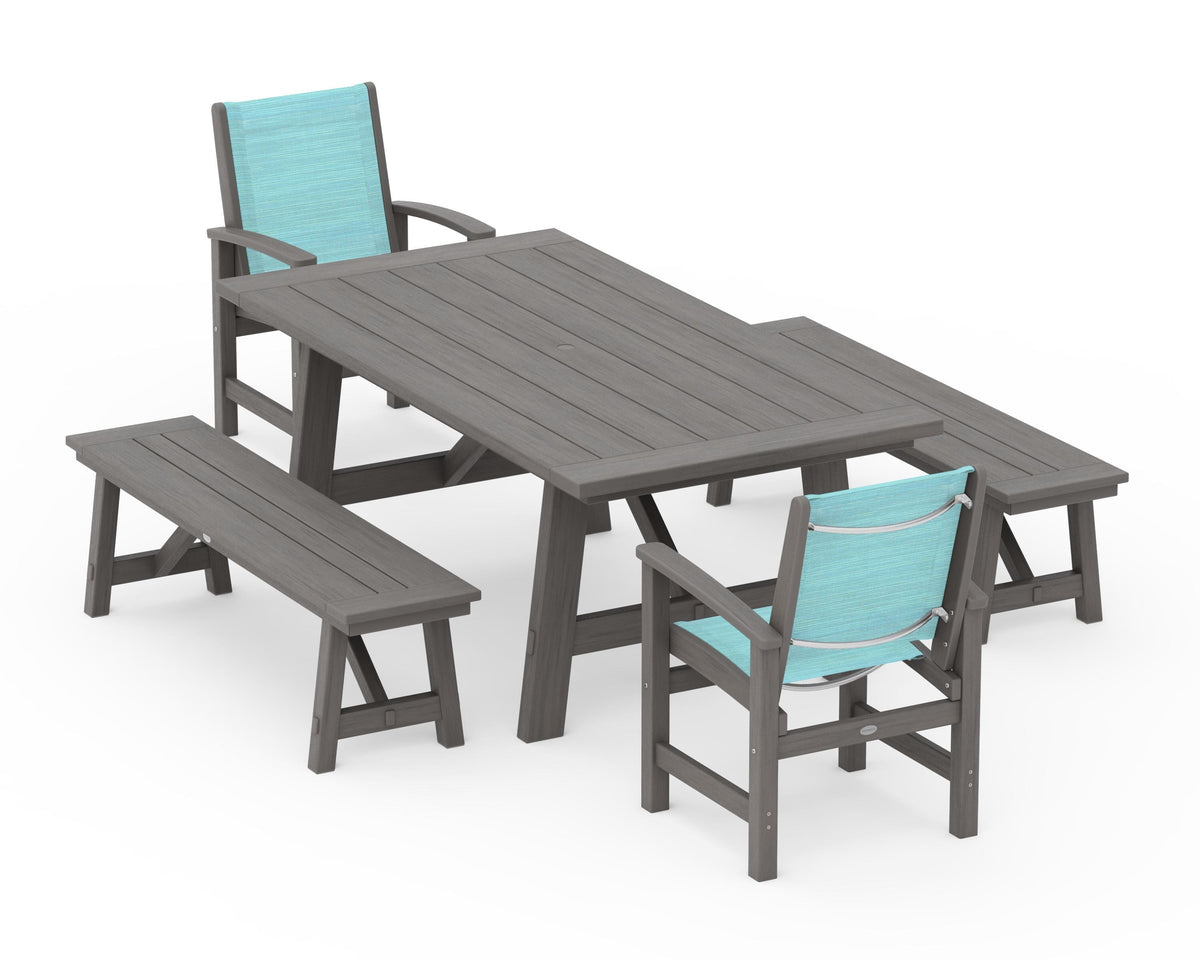 POLYWOOD Coastal 5-Piece Rustic Farmhouse Dining Set With Benches in Driftwood / Dupioni Aquamarine