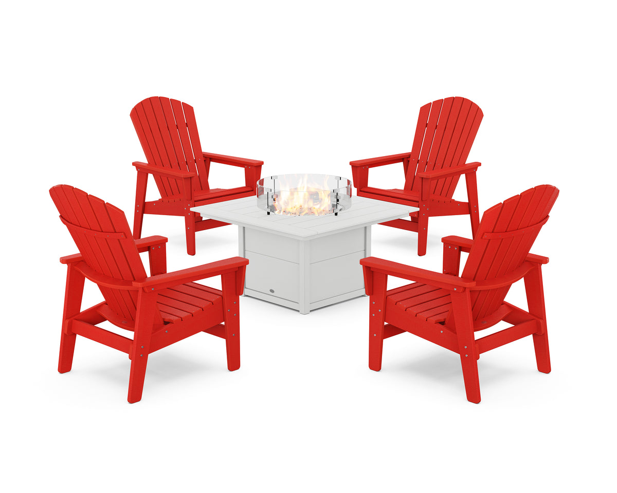 POLYWOOD 5-Piece Nautical Grand Upright Adirondack Conversation Set with Fire Pit Table in Sunset Red / White