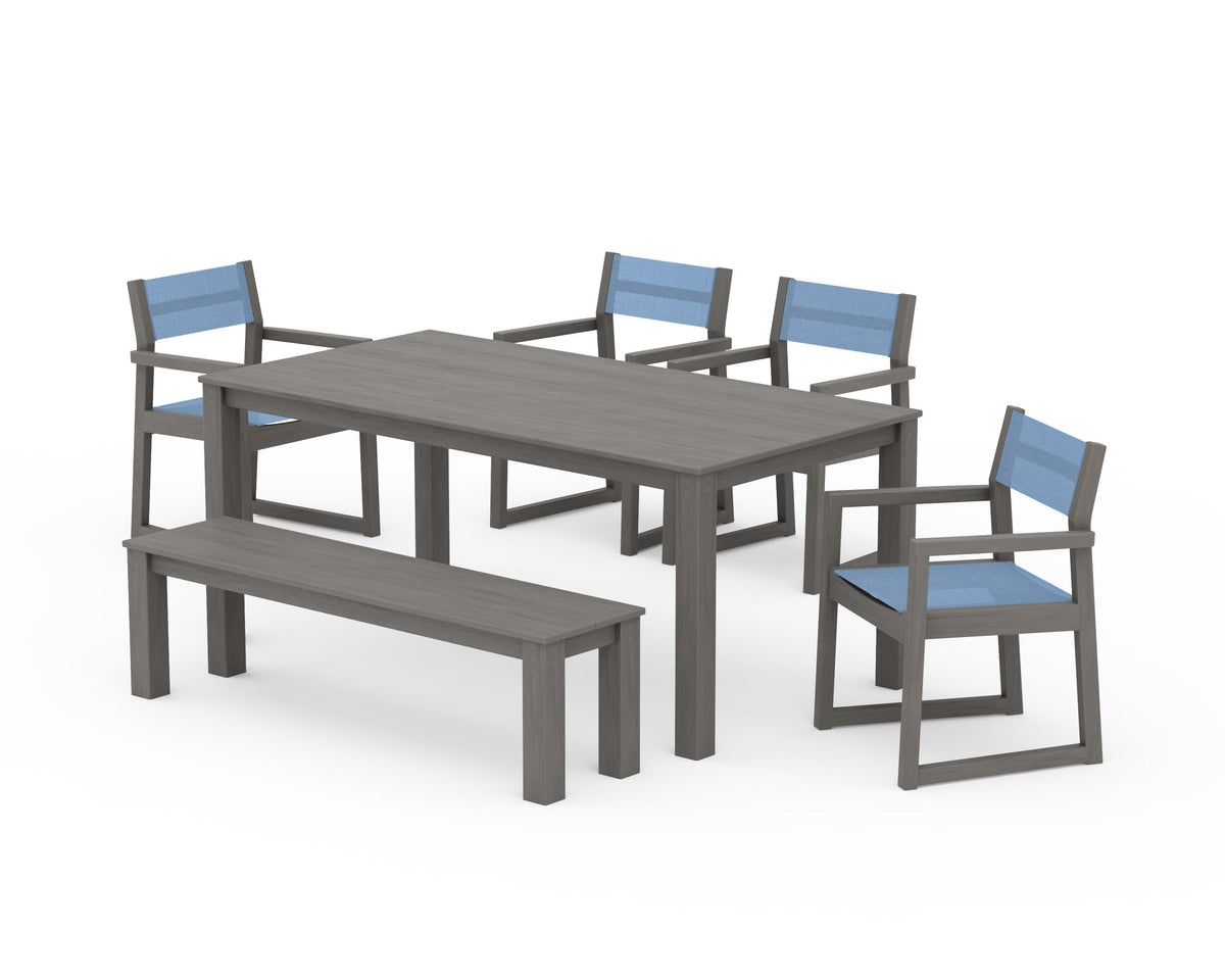 POLYWOOD EDGE Sling Arm Chair 6-Piece Parsons Dining Set with Bench in Driftwood / Poolside
