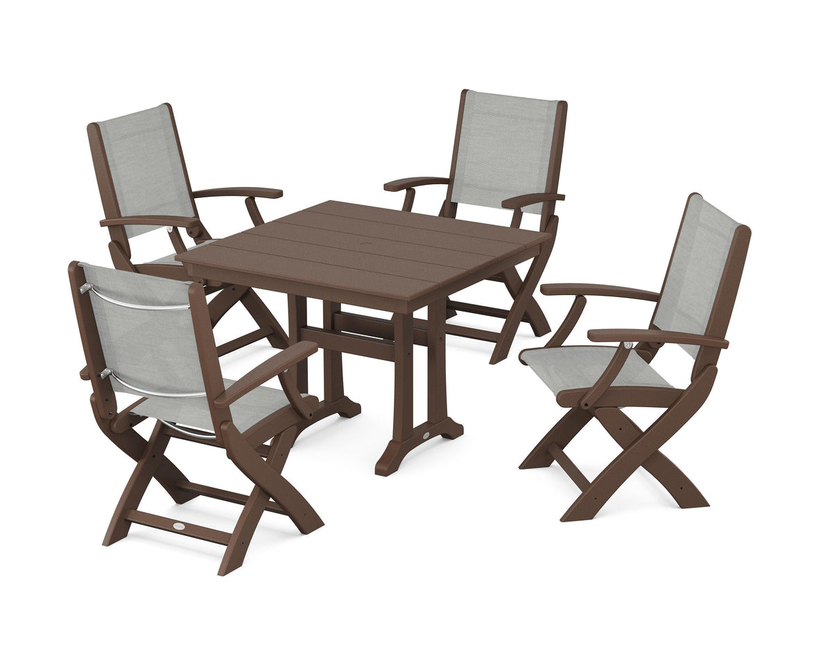 POLYWOOD Coastal Folding Chair 5-Piece Farmhouse Dining Set With Trestle Legs in Mahogany / Metallic