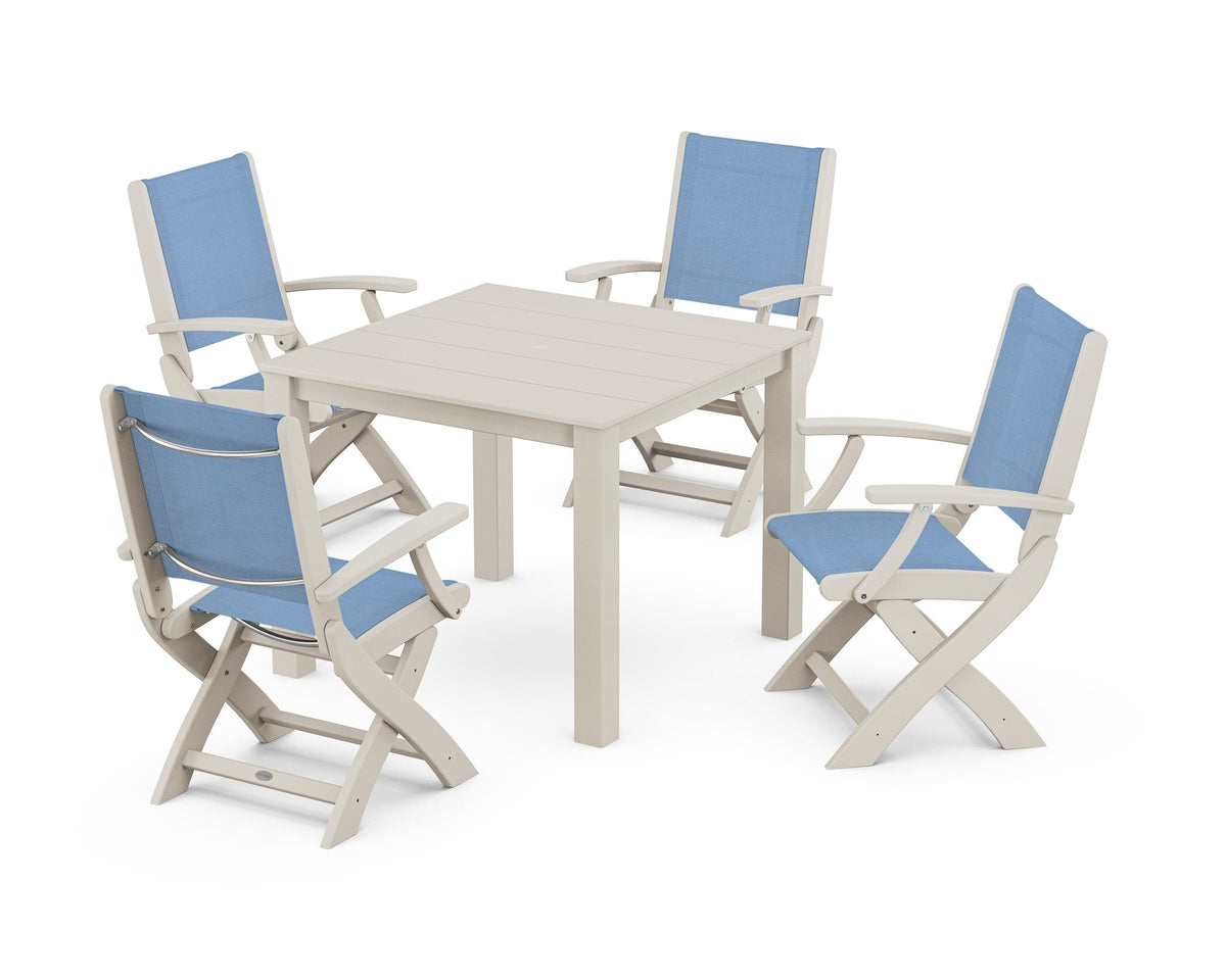 POLYWOOD Coastal Folding Chair 5-Piece Parsons Dining Set in Sand / Poolside
