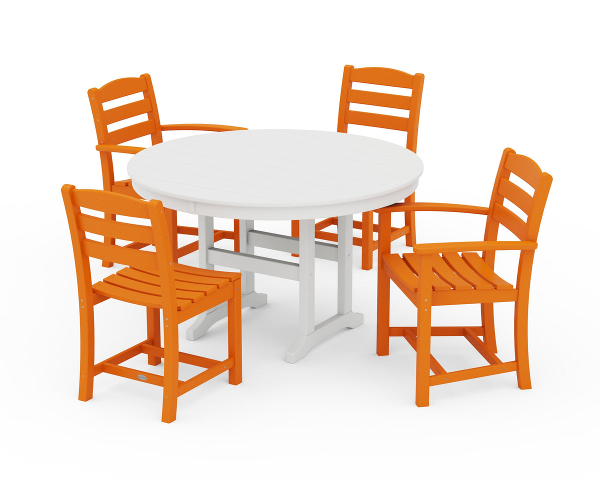 POLYWOOD La Casa Café 5-Piece Round Farmhouse Dining Set with Arm and Side Chairs in Tangerine / White