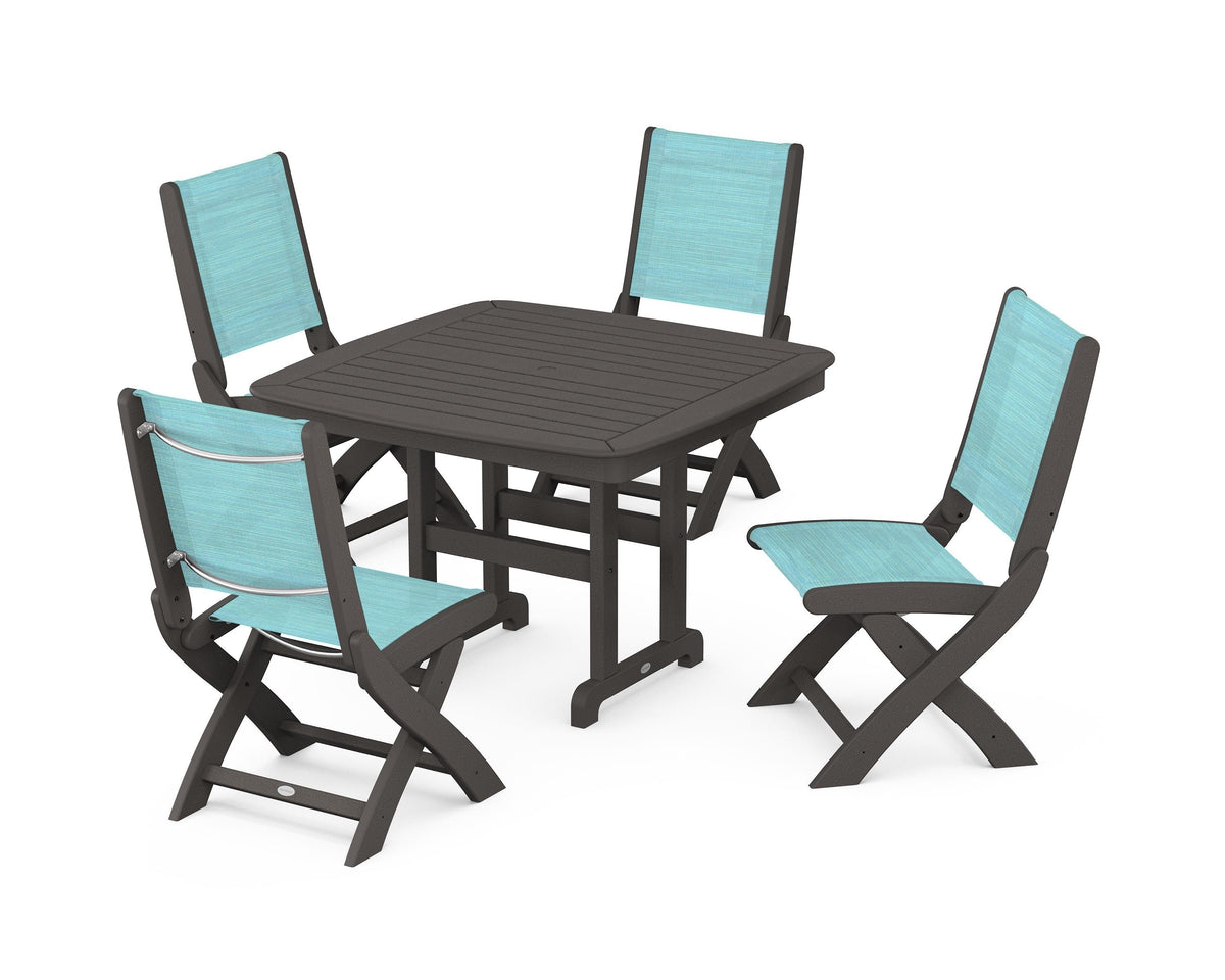 POLYWOOD Coastal Folding Side Chair 5-Piece Dining Set with Nautical 44" Dining Table in Vintage Coffee / Dupioni Aquamarine