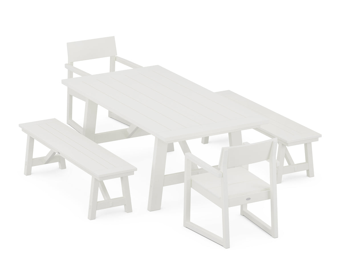 POLYWOOD EDGE 5-Piece Rustic Farmhouse Dining Set with Benches in Vintage White