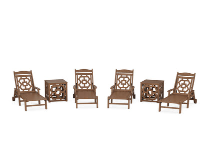 POLYWOOD Chinoiserie 6-Piece Chaise Set with Umbrella Stand Accent Table in Teak