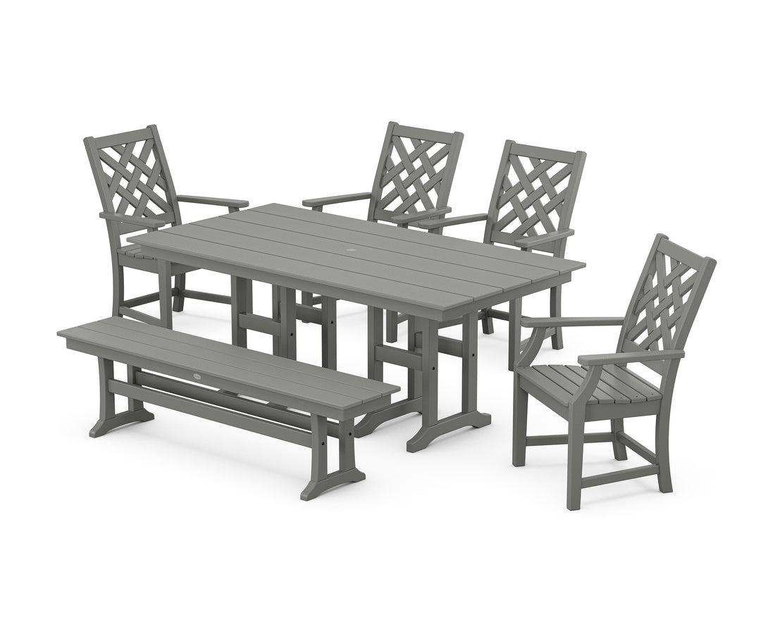 POLYWOOD Country Living Wovendale 6-Piece Farmhouse Dining Set with Bench with Farmhouse 37" x 72" Dining Table in Slate Grey