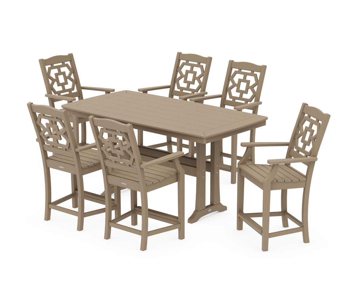 POLYWOOD Chinoiserie Arm Chair 7-Piece Counter Set with Trestle Legs in Vintage Sahara