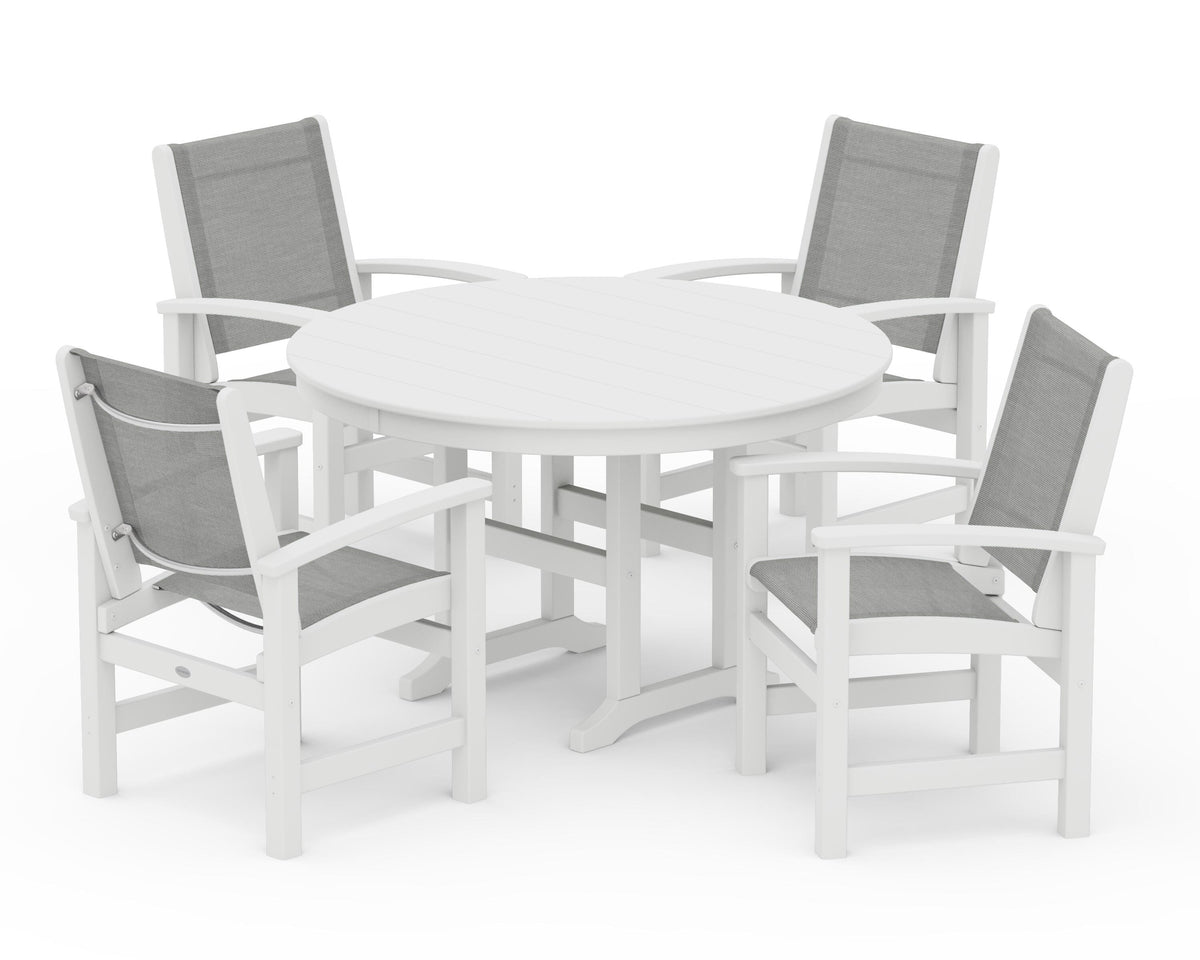 POLYWOOD Coastal 5-Piece Round Farmhouse Dining Set in White / Metallic