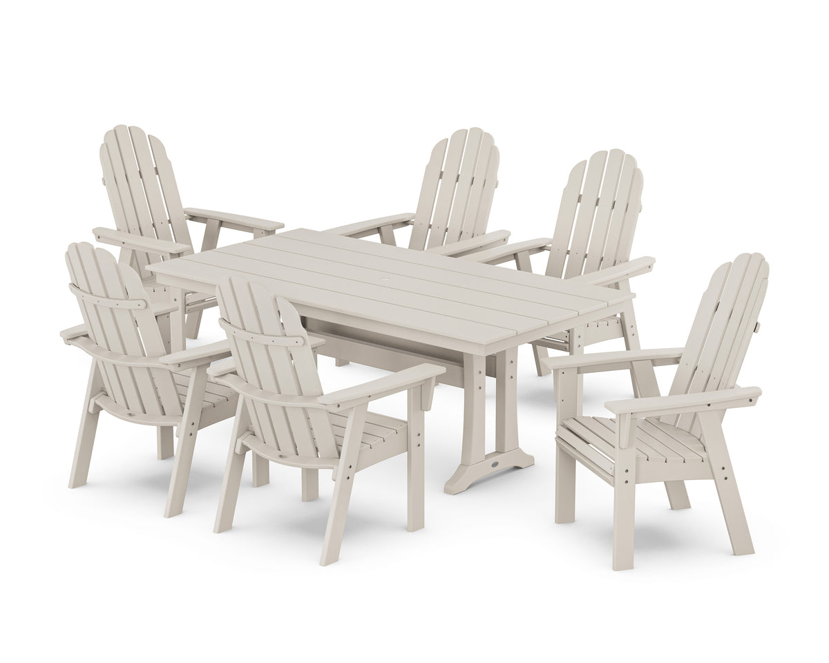 POLYWOOD Vineyard Curveback Adirondack Chair 7-Piece Farmhouse Dining Set with Trestle Legs in Sand