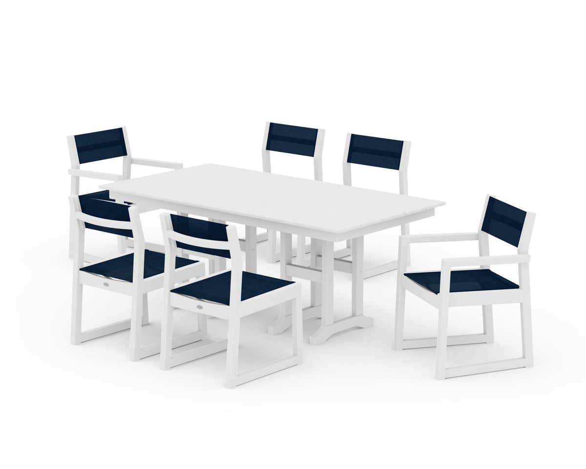 POLYWOOD EDGE Sling 7-Piece Farmhouse Dining Set in White / Navy Blue