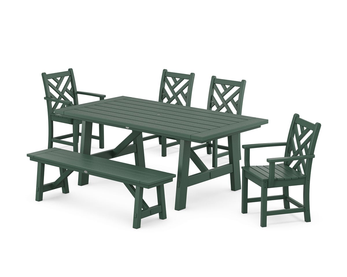 POLYWOOD Chippendale 6-Piece Rustic Farmhouse Dining Set with Bench in Green