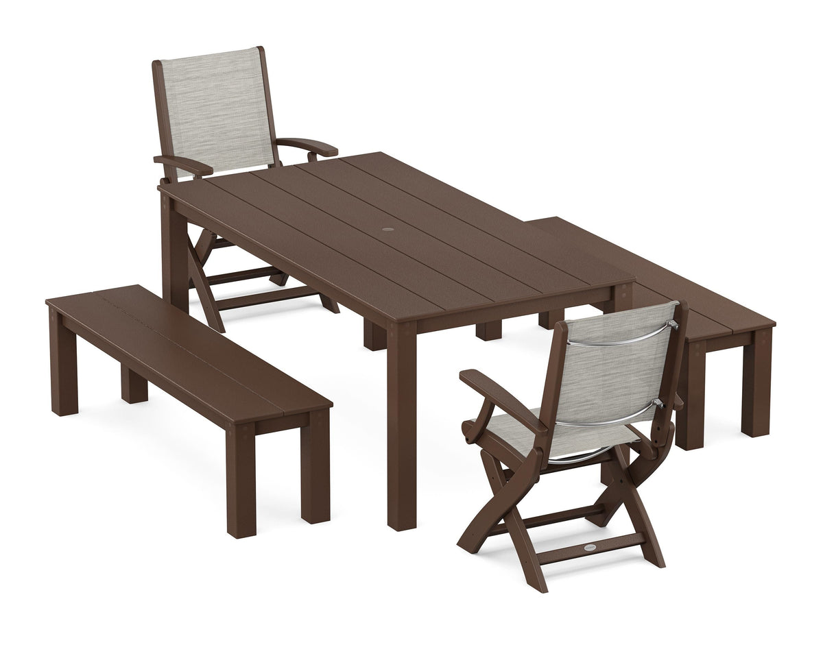 POLYWOOD Coastal Folding Chair 5-Piece Parsons Dining Set with Benches in Mahogany / Birch