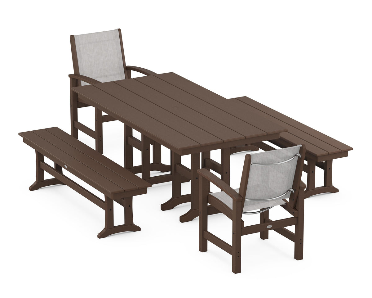 POLYWOOD Coastal 5-Piece Farmhouse Dining Set with Farmhouse 37" x 72" Dining Table in Mahogany / Parchment