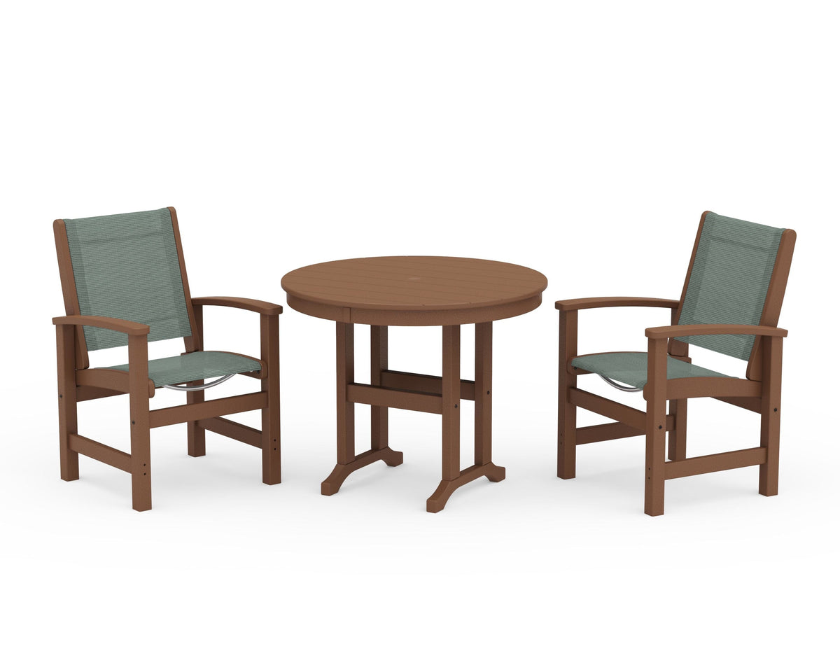 POLYWOOD Coastal 3-Piece Round Dining Set in Teak / Dupioni Sea Mist