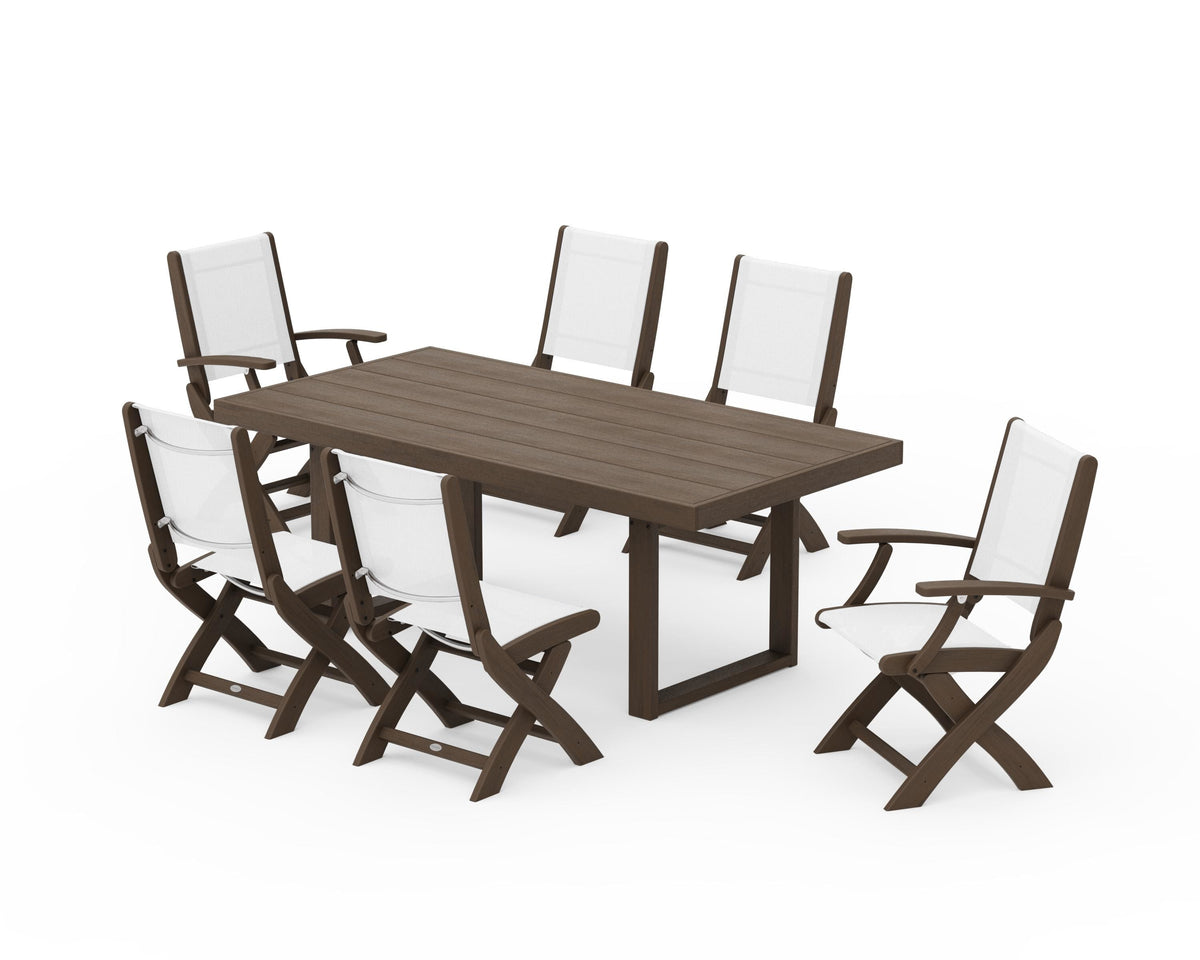 POLYWOOD Coastal Folding Chair 7-Piece Dining Set with Trestle Legs with EDGE 40" x 78" Dining Table in Kona / White