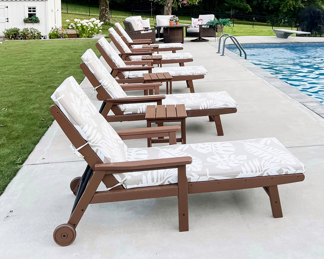 POLYWOOD Vineyard Chaise with Arms and Wheels in Teak in an outdoor setting