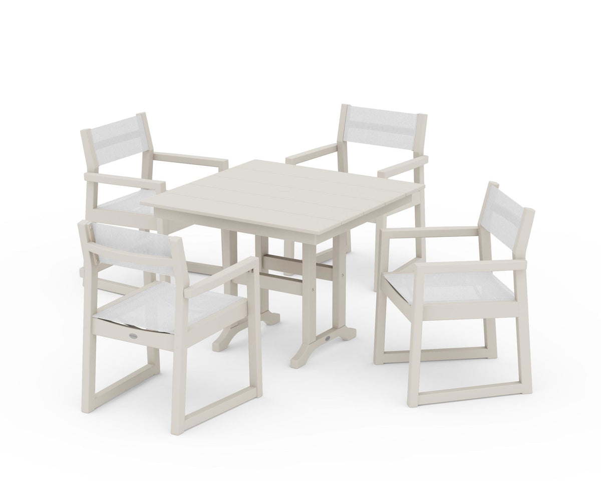 POLYWOOD EDGE Sling Arm Chair 5-Piece Farmhouse Dining Set in Sand / White