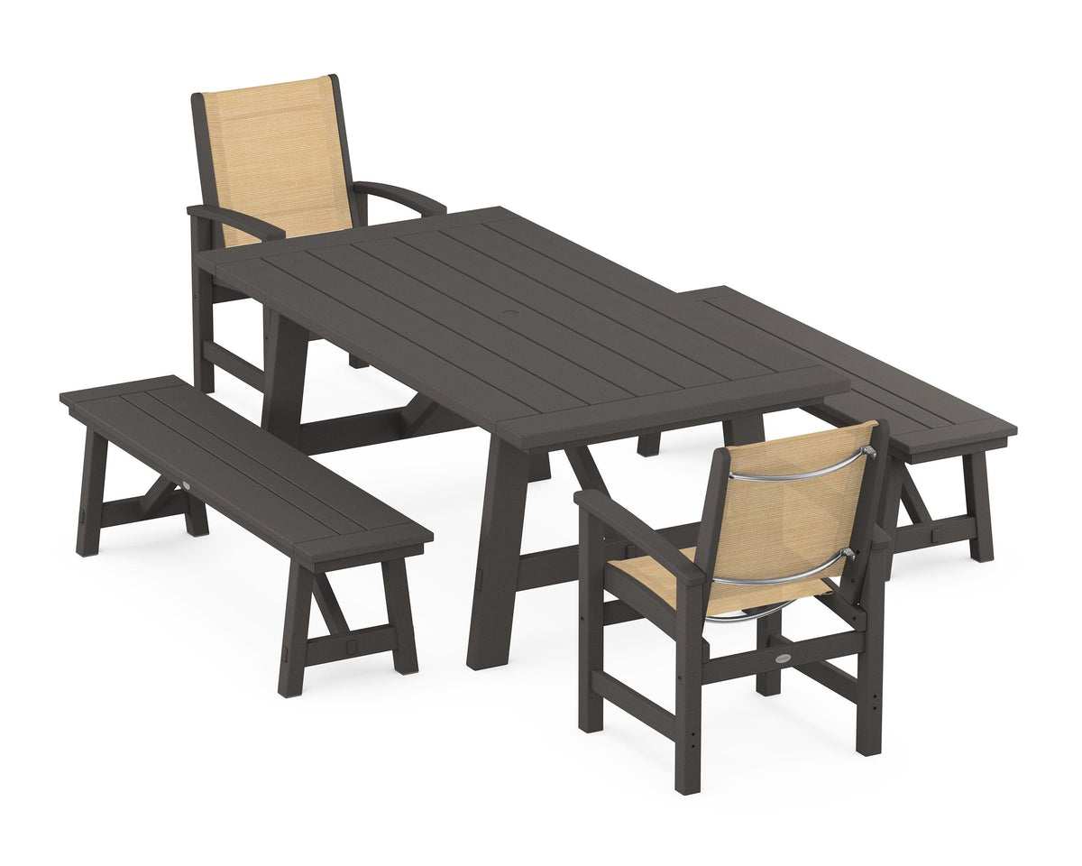 POLYWOOD Coastal 5-Piece Rustic Farmhouse Dining Set With Benches in Vintage Coffee / Dupioni Apricot