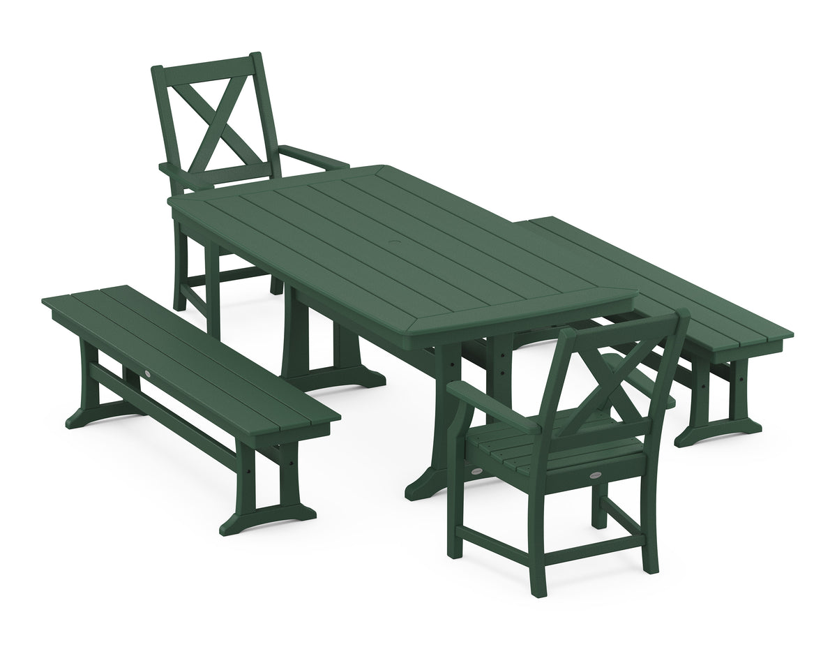 POLYWOOD Braxton 5-Piece Dining Set with Trestle Legs - 38" x 73" Table in Green