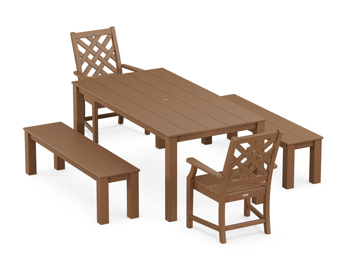 POLYWOOD Wovendale 5-Piece Parsons Dining Set with Benches in Teak