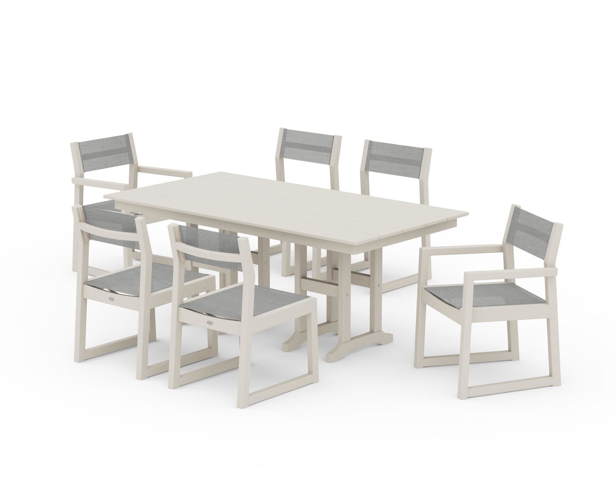 POLYWOOD EDGE Sling 7-Piece Farmhouse Dining Set in Sand / Metallic