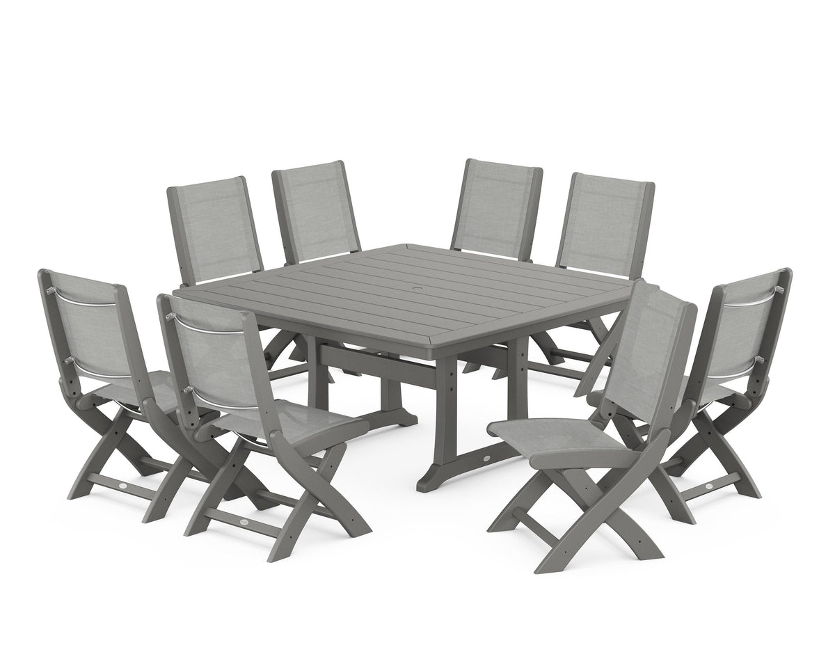 POLYWOOD Coastal Folding Side Chair 9-Piece Dining Set with Trestle Legs in Slate Grey / Metallic