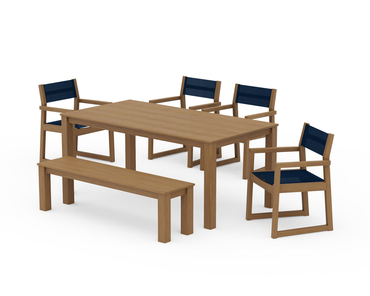 POLYWOOD EDGE Sling Arm Chair 6-Piece Parsons Dining Set with Bench in Natural / Navy Blue