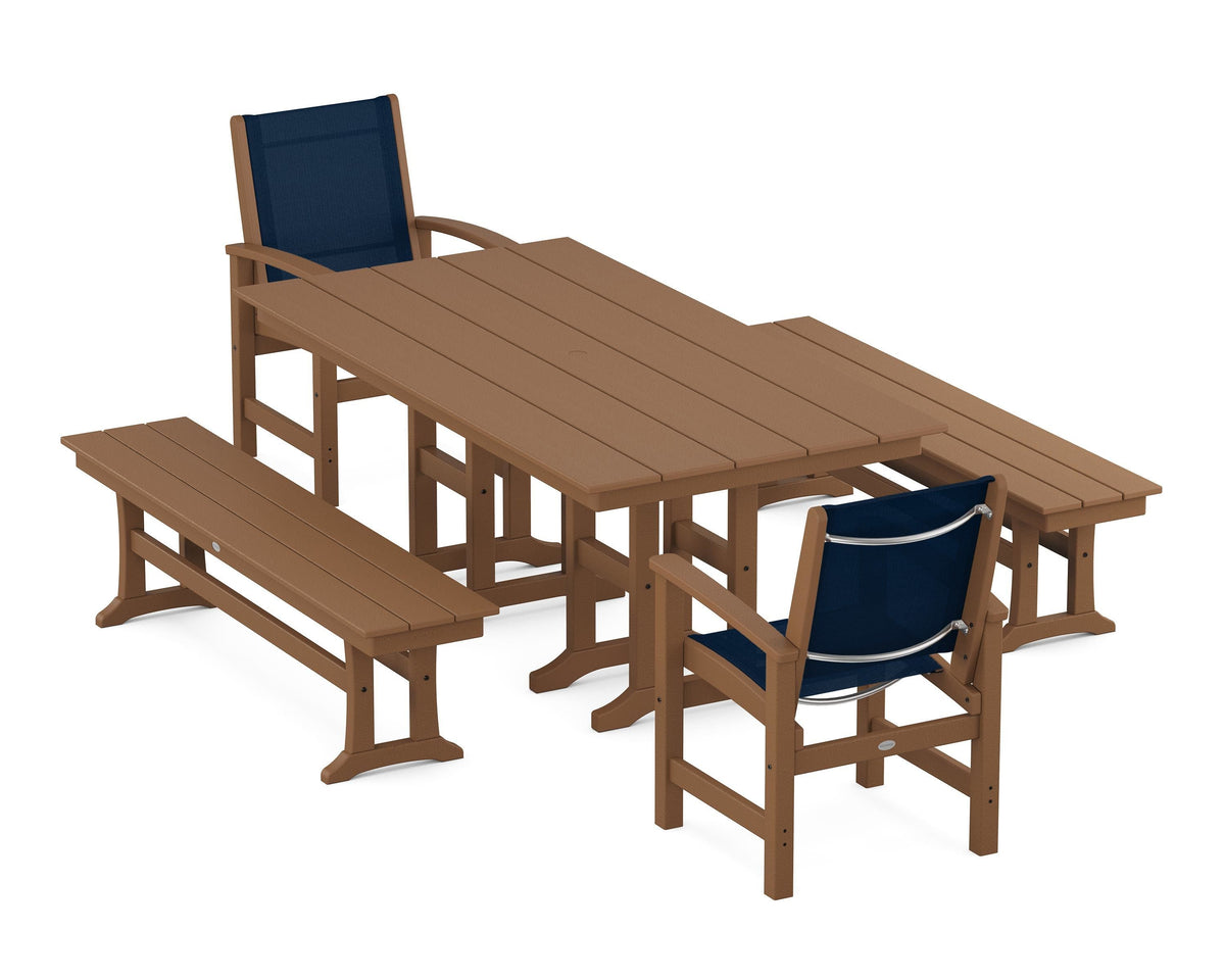 POLYWOOD Coastal 5-Piece Farmhouse Dining Set with Farmhouse 37" x 72" Dining Table in Teak / Navy Blue