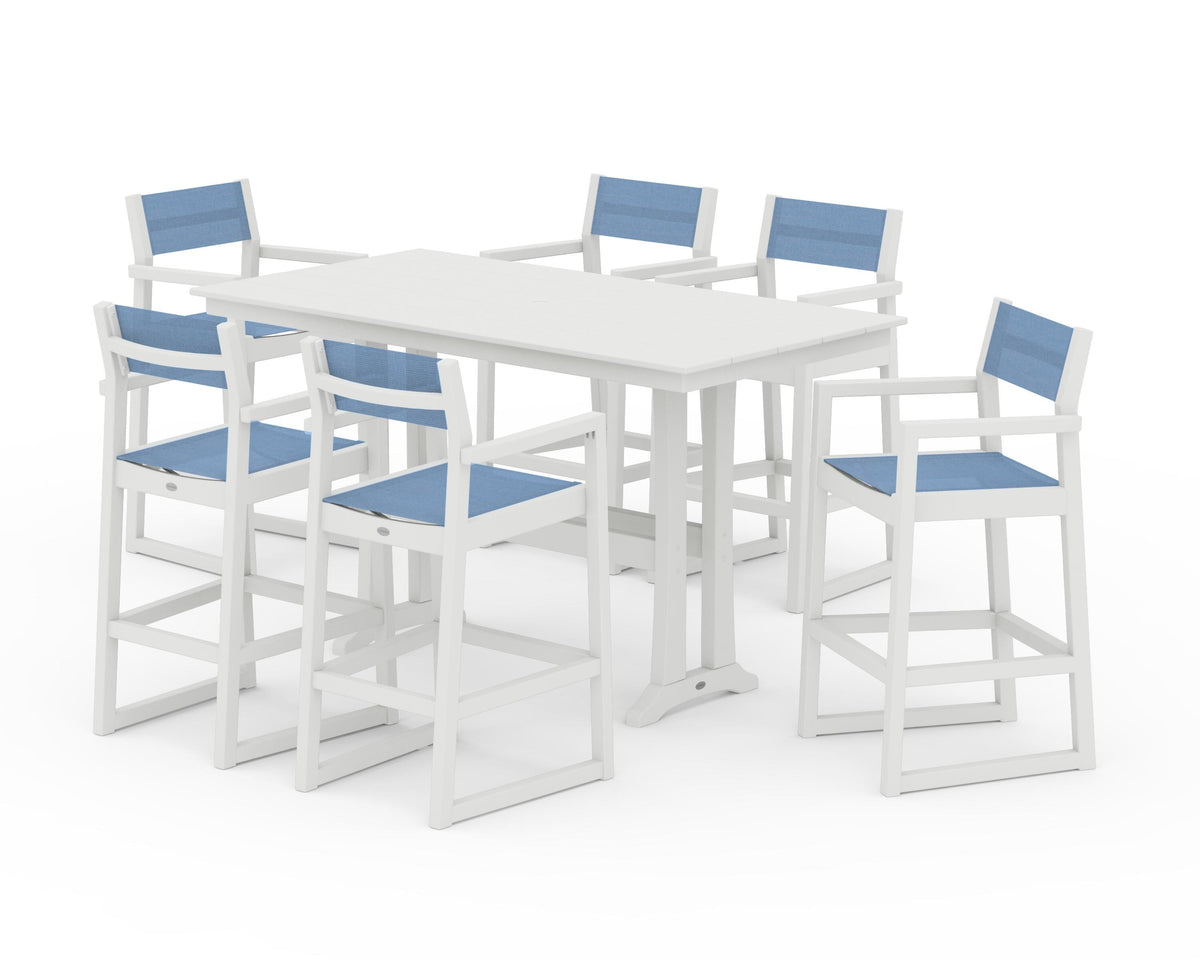 POLYWOOD EDGE Sling Arm Chair 7-Piece Farmhouse Bar Set with Trestle Legs in Vintage White / Poolside