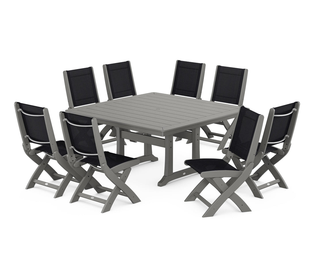 POLYWOOD Coastal Folding Side Chair 9-Piece Dining Set with Trestle Legs in Slate Grey / Black