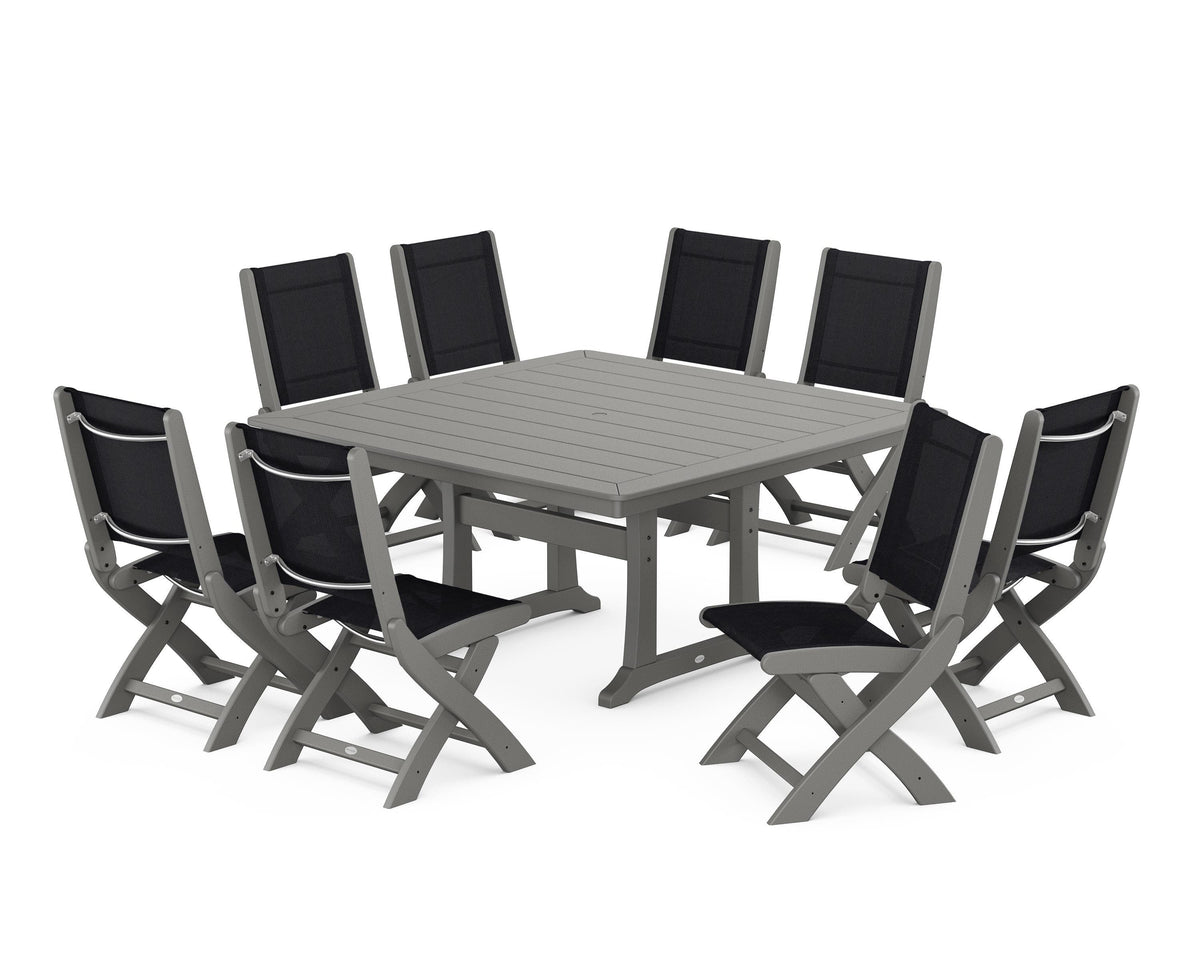 POLYWOOD Coastal Folding Side Chair 9-Piece Dining Set with Trestle Legs in Slate Grey / Black
