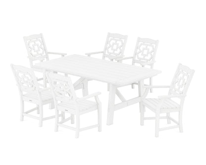POLYWOOD Chinoiserie Arm Chair 7-Piece Rustic Farmhouse Dining Set in White