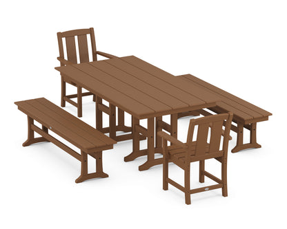 POLYWOOD Mission 5-Piece Farmhouse Dining Set with Benches in Teak