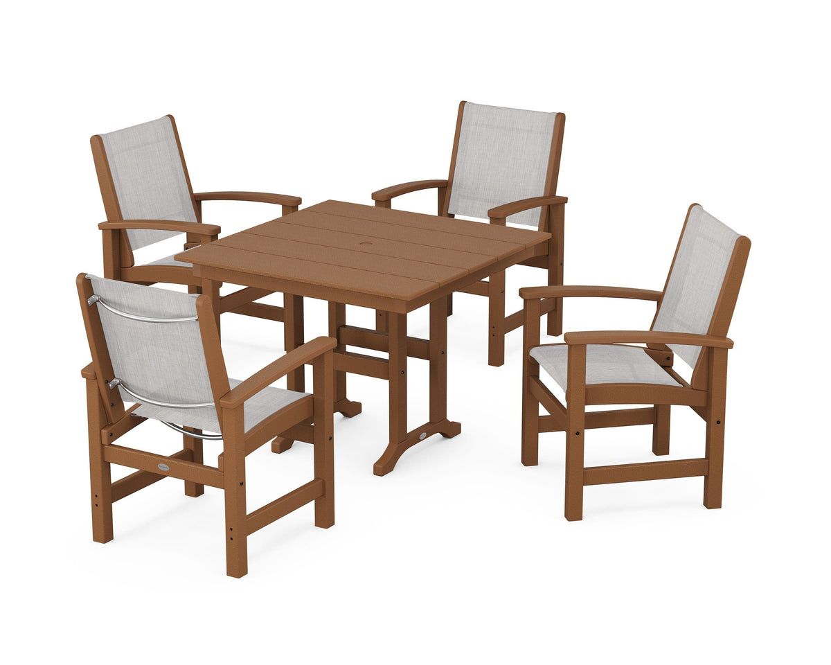 POLYWOOD Coastal 5-Piece Farmhouse Dining Set with Farmhouse 37" Dining Table in Teak / Parchment