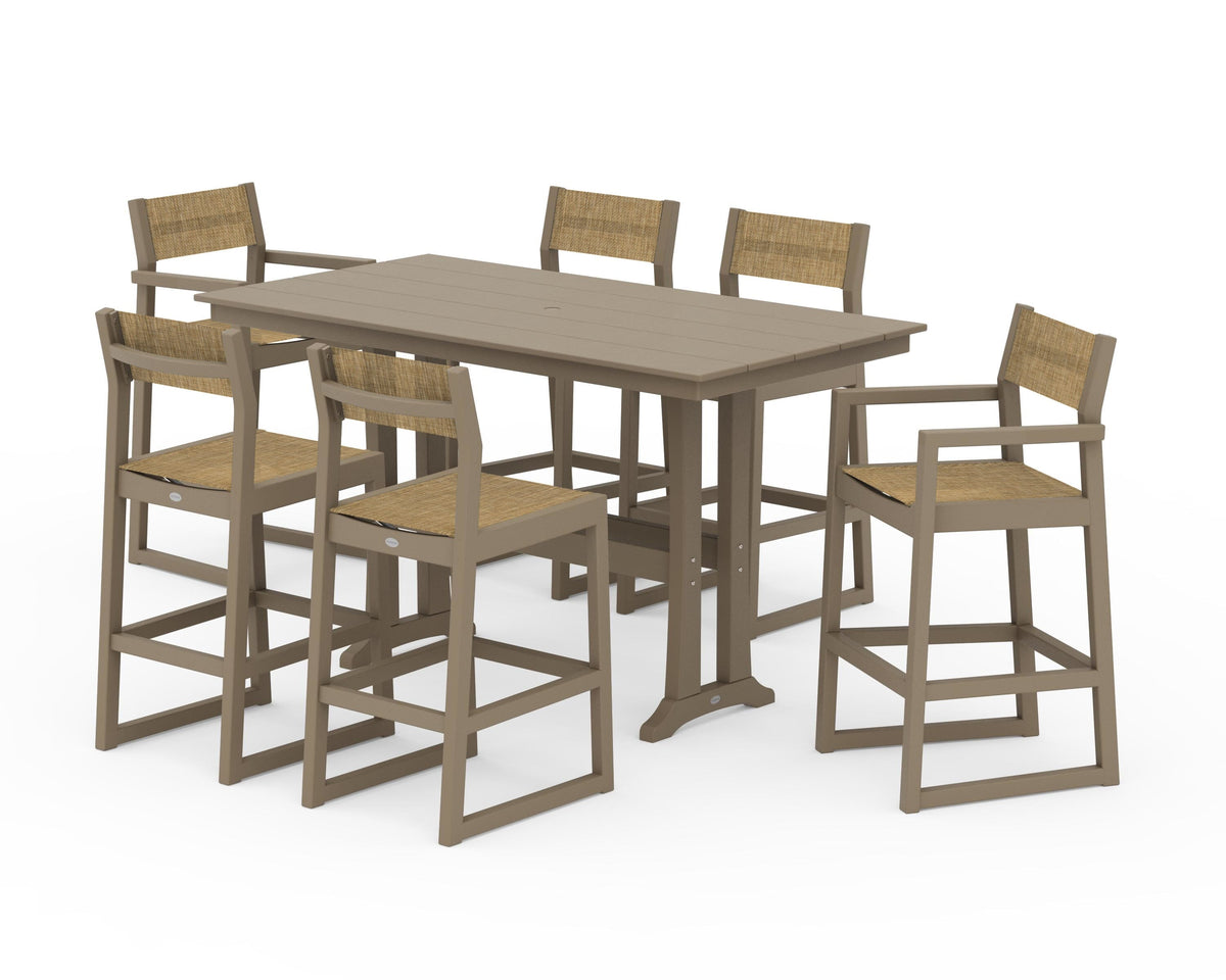 POLYWOOD EDGE Sling 7-Piece Farmhouse Bar Set with Trestle Legs in Vintage Sahara / Burlap