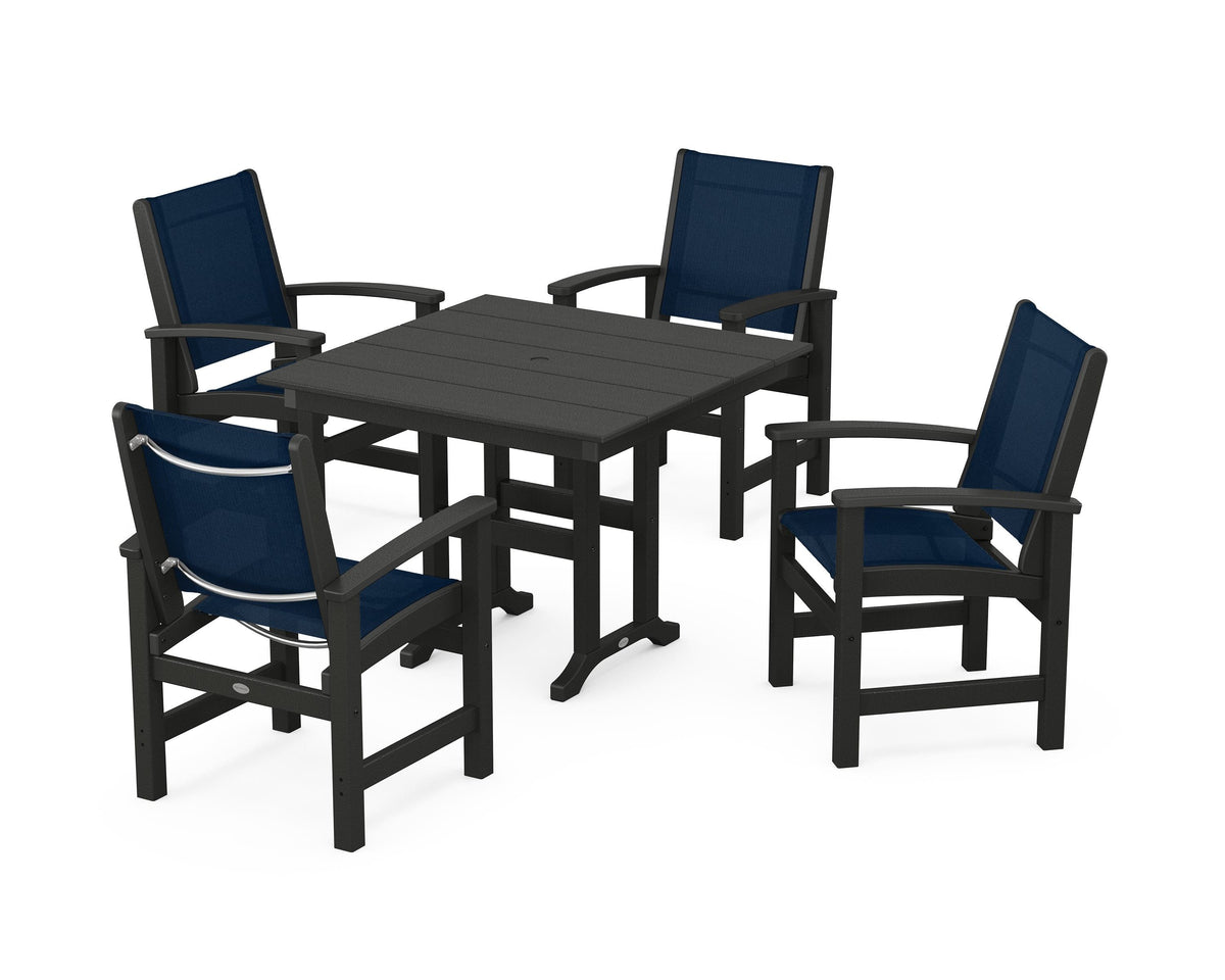 POLYWOOD Coastal 5-Piece Farmhouse Dining Set with Farmhouse 37" Dining Table in Black / Navy Blue