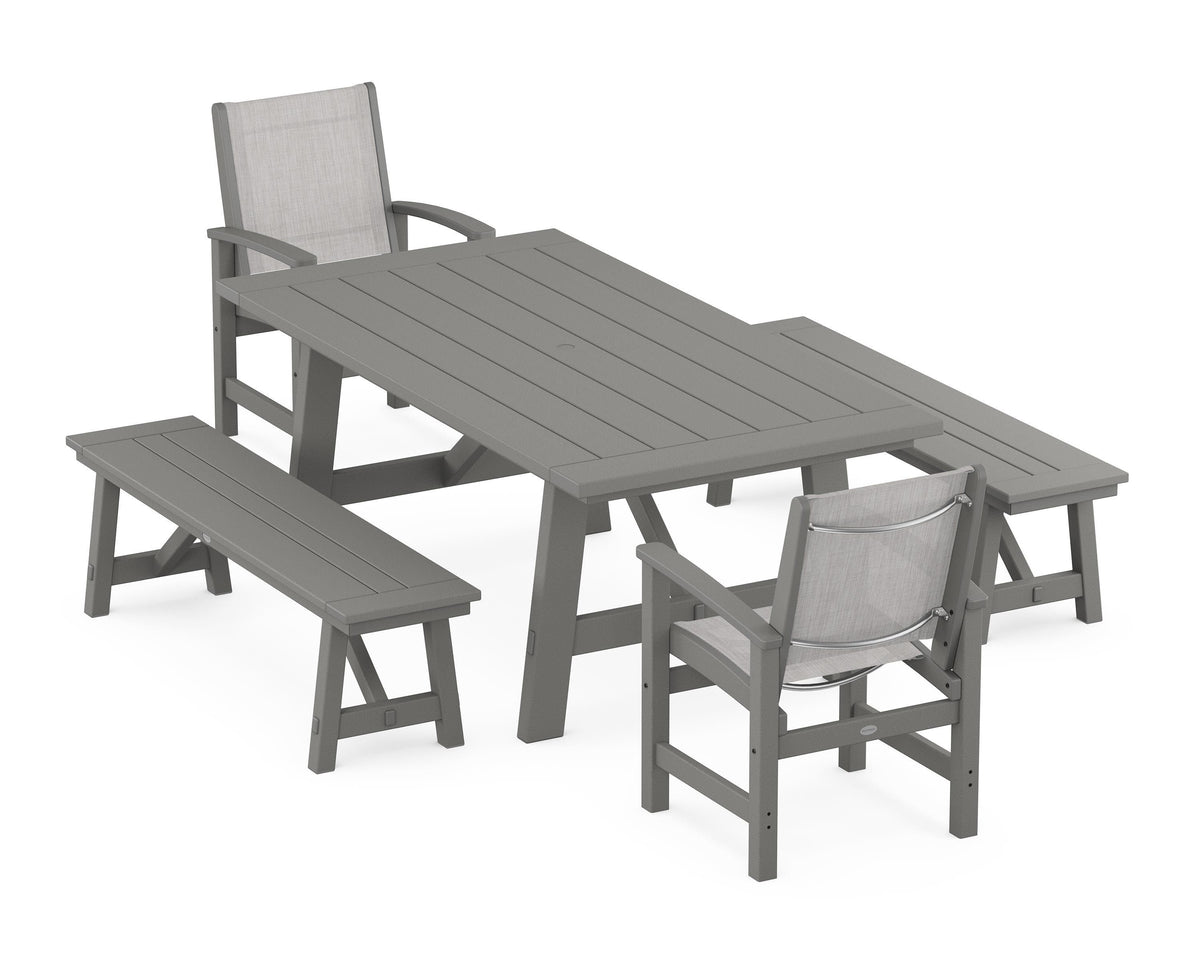 POLYWOOD Coastal 5-Piece Rustic Farmhouse Dining Set With Benches in Slate Grey / Parchment