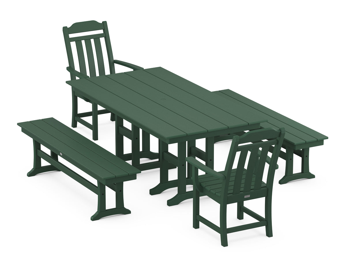POLYWOOD Cottage 5-Piece Farmhouse Dining Set with Benches in Green