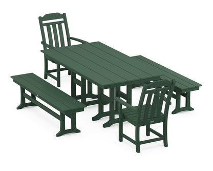 POLYWOOD Cottage 5-Piece Farmhouse Dining Set with Benches in Green