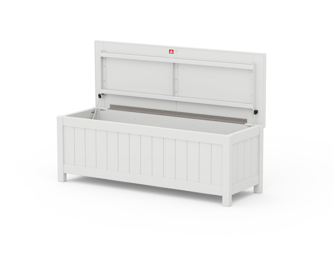 POLYWOOD Vineyard 48" Storage Bench in White with the lid open to show the storage compartment