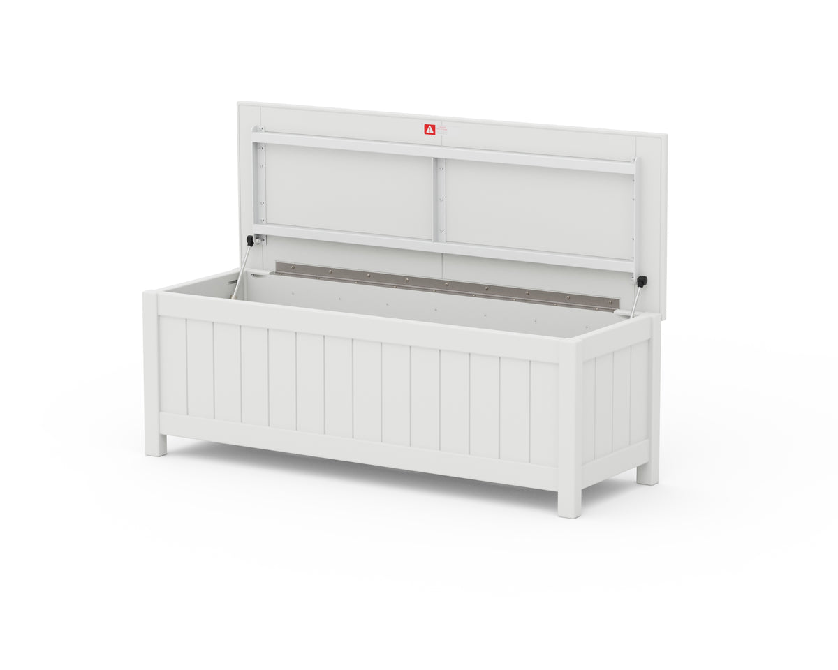 POLYWOOD Vineyard 48" Storage Bench in White with the lid open to show the storage compartment