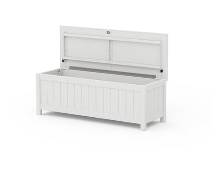 POLYWOOD Vineyard 48" Storage Bench in White with the lid open to show the storage compartment