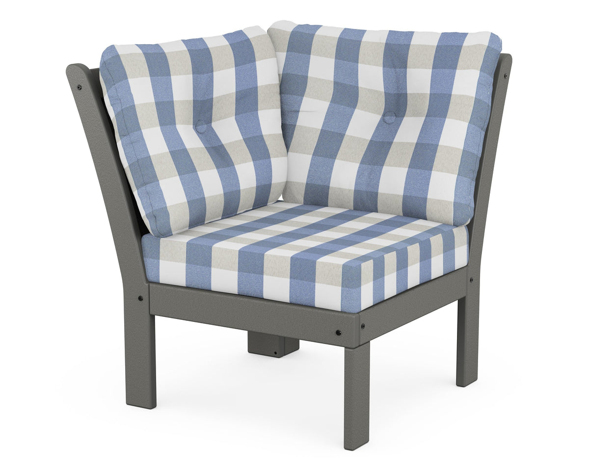 POLYWOOD Vineyard Modular Corner Chair in Slate Grey / Buffalo Plaid Sky Blue