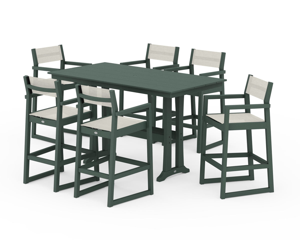 POLYWOOD EDGE Sling Arm Chair 7-Piece Farmhouse Bar Set with Trestle Legs in Green / Parchment