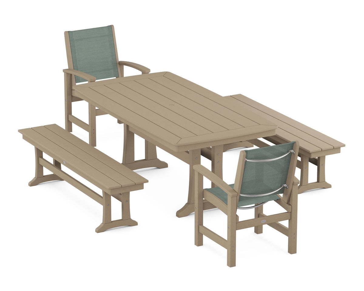 POLYWOOD Coastal 5-Piece Dining Set with Trestle Legs and Benches in Vintage Sahara / Dupioni Sea Mist