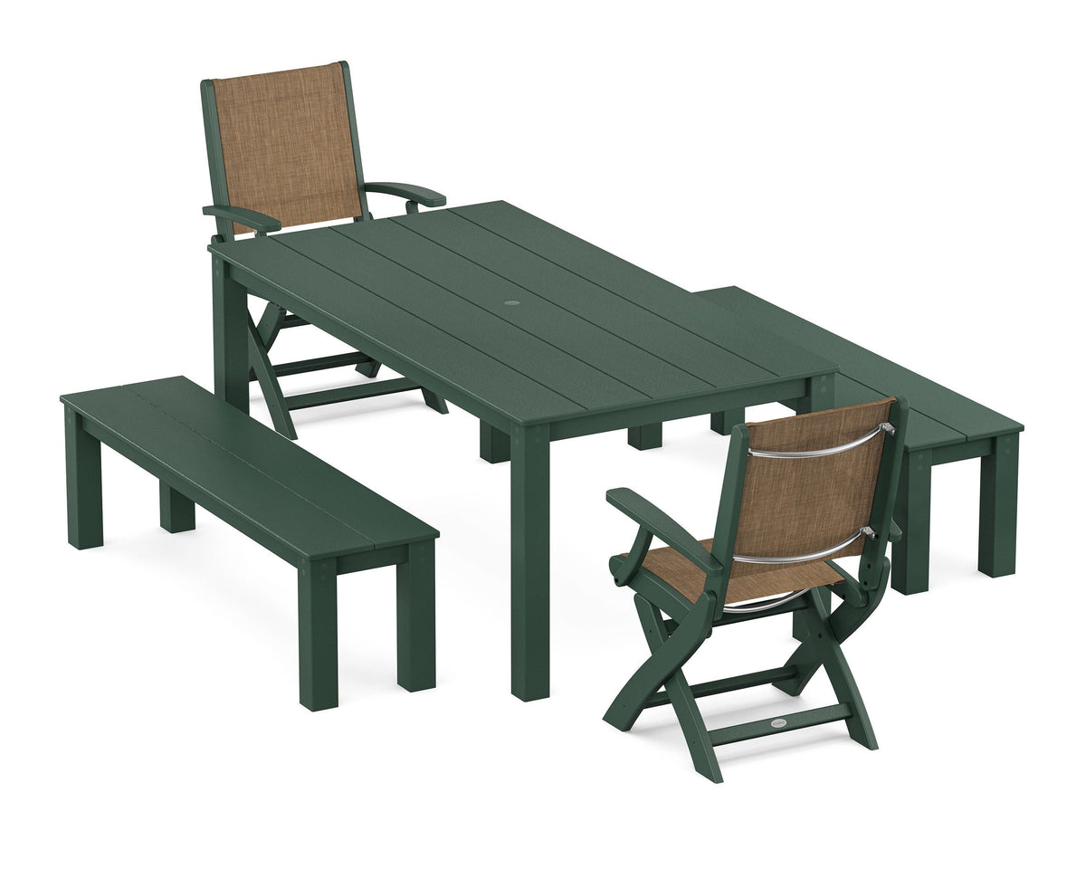 POLYWOOD Coastal Folding Chair 5-Piece Parsons Dining Set with Benches in Green / Burlap